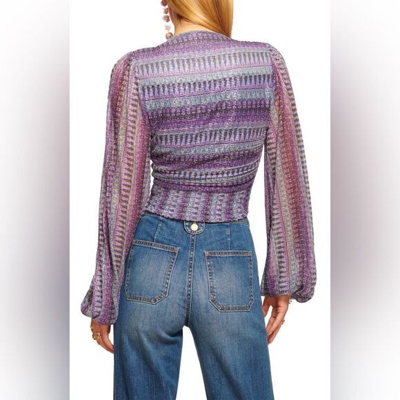 Ramy Brook NWT Georgia Metallic Plunge Neck Crop Blouse in Cabana Blue Combo XXS - Picture 2 of 5